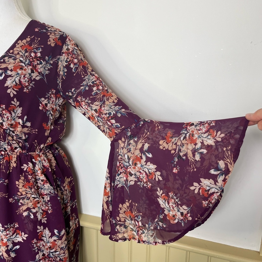 Miami Floral Mini Dress S Purple Bell Sleeve Pockets Boho Fall Wedding Fairycore - Picture 3 of 13